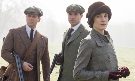 Shooting party… Michelle Dockery as Lady Mary Crawley with Allen Leech as Tom Branson and Tom Cullen as Gillingham.