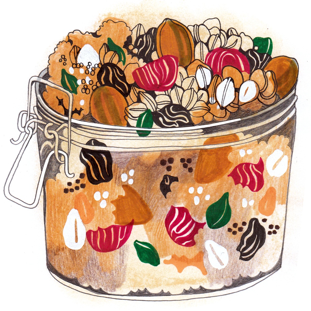 An illustration of granola illustrates this week's piece about breakfast at your desk, which includes granola 