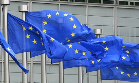 European Union flags outside the European commission headquarters in Brussels.