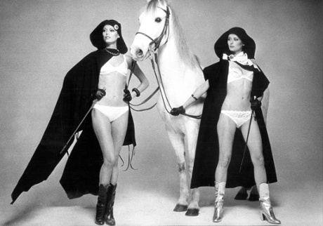Horses were the thing to have in seventies New York - as Bianca Jagger famously demonstrated. In this 1975 image, Von Wangenheim adds two models wearing their underwear, capes and riding whips.