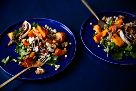 The radicchio and squash salad is finished with a scattering of crumbled cheese and walnuts, plus a drizzle of honey.