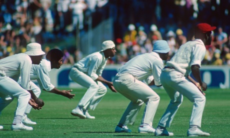 The West Indian slip field (left to right) Clive Lloyd, Bernard Julien, Lance Gibbs, Gordon Greenidge and Lawrence Rowe, await a catch during Australia v West Indies, 2nd Test, Perth, Dec 1975-76.
