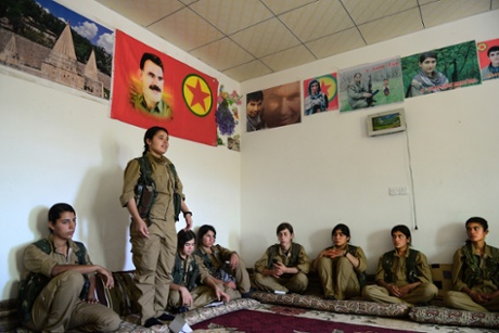 Yazidi girls take part in an education session by the YPJ in Sinjar.