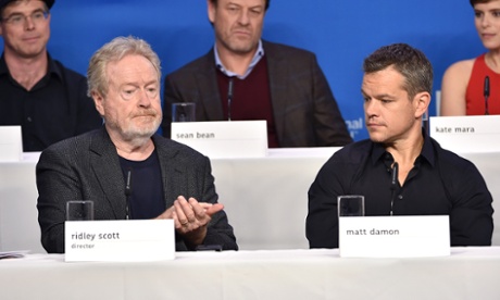 ‘It’s a really optimistic and hopeful movie’ ... Matt Damon alongside director Ridley Scott and other stars from his new film The Martian at the Toronto film festival.