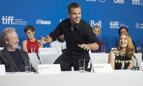Matt Damon goofing around during the press conference for The Martian.