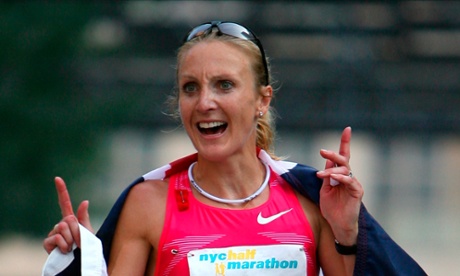 Paula Radcliffe celebrates winning the 2009 New York City Half-Marathon.