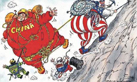 Cartoon of Uncle Sam climbing a mountain while Brazil, Russia and China fall