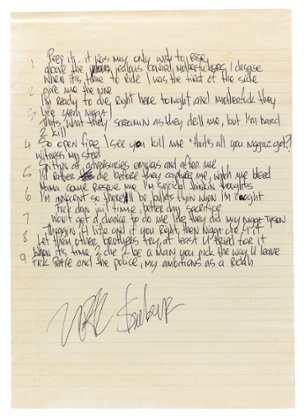 Undated Sotheby's handout photo of lyrics written in jail by the late Tupac Shakur, which are due to go up for auction