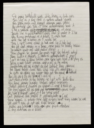 Undated Sotheby's handout photo of lyrics written in jail by the late Tupac Shakur, which are due to go up for auction