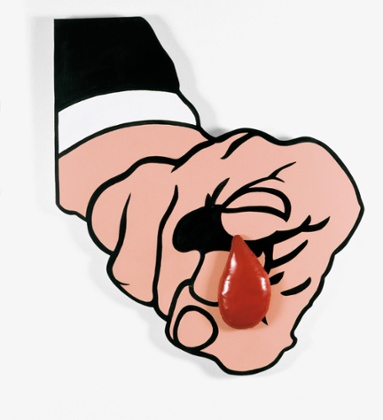 I Want You, 1966, by Marcello Nitsche. A painted hand emerges from a sleeve pointing at the viewer with a finger that drips a big, padded drop of blood.