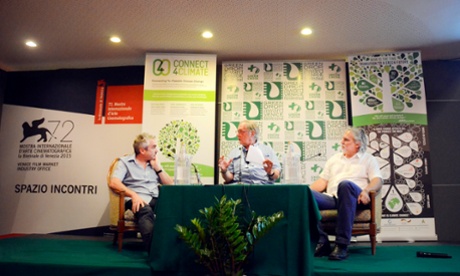 Donald Ranvaud (centre) facilitates the Film4Climate One-on-One discussion between Alfonso Cuarón (left) and Alfredo Cuarón. 