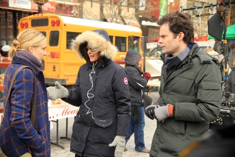 Greta Gerwig, left, Rebecca Miller and Bill Hader filming Maggie's Plan in New York last February.