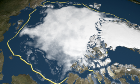 Sea ice concentration data for 11 September 2015, the fourth lowest extent on record. The yellow line shows the historical ice edge (median) for the same day.