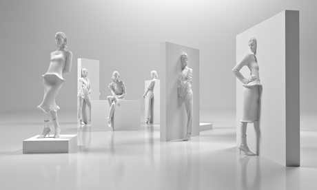 3D rendering of a fashion exhibition with models coming out of walls