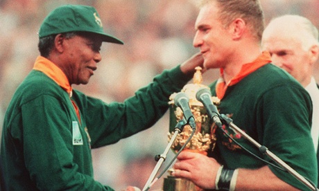 Nelson Mandela hands the Rugby World Cup to Springbok captain Francois Pienaar in 1995.