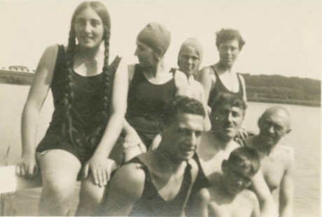 Alfred (front centre), Elsie and Bella (back row left) and friends at the lake, 1928.