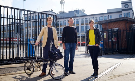 Campaigners Edward Denison (left), Graeme Weston and Alexandra Steed outside Mount Pleasant sorting office in Farringdon in London.