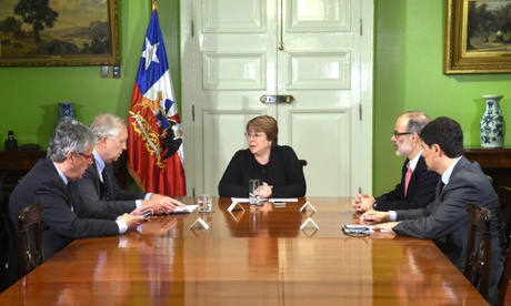 Chilean President Michelle Bachelet meeting with ministers after the earthquake at at La Moneda presidential palace in Santiago de Chile.