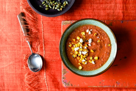 Autumnal magic: red kidney bean soup with charred corn, feta and pumpkin seeds.