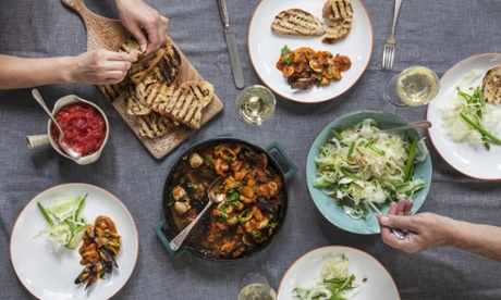Fish stew, Fresh tomato sauce, Bean and fennel salad and Grilled crostini  