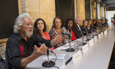 Environmental activist David Suzuki, Naomi Klein and several others speak during a news conference to launching 