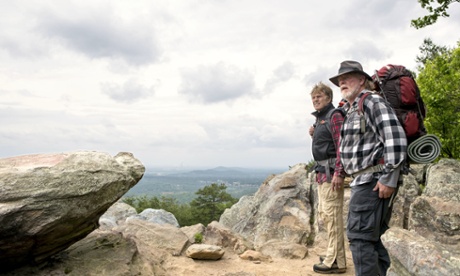 Robert Redford as Bill Bryson and Nick Nolte as his pal Katz in A Walk in the Woods.