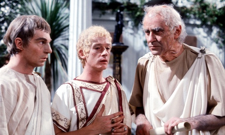 Derek Jacobi as Claudius, John Hurt as Caligua and George Baker as Tiberius in I, Claudius. 