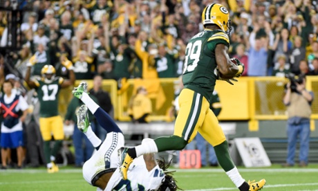Green Bay Packers wide receiver James Jones catches a pass for a touchdown against Seattle Seahawks.
