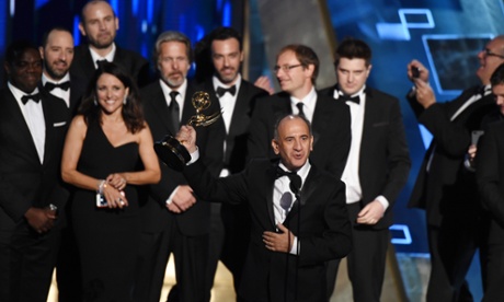 Julia Louis-Dreyfus and Armando Iannucci with the cast of Veep.