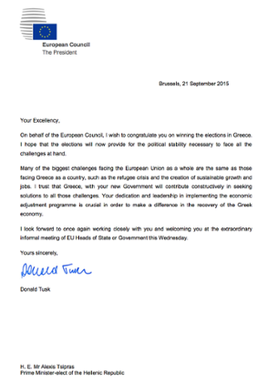 Donald Tusk's letter to Alexis Tsipras