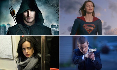 Planet of the capes… Clockwise from top left: Stephen Amell in Arrow, Melissa Benoist in Supergirl, Ben McKenzie in Gotham, Krysten Ritter in Jessica Jones