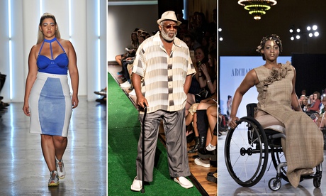 A model at the Chromat fashion show, an ‘ordinary dad’ at Josh ‘The Fat Jew’ Ostrovsky’s ‘dadbod’ show, and model Leslie Irby at the FTL Moda show – all at New York fashion week, September 2015. Photograph: Fernando Leon/Getty Images; Nicky Digital/Andrew Kelly/Corbis; 