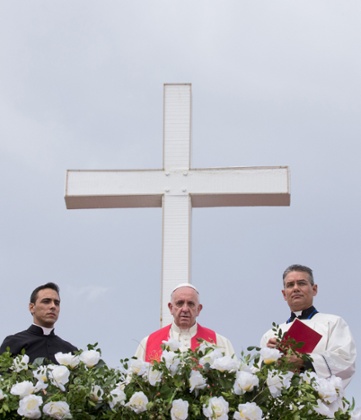 Pope Francis looks out from the Loma de la Cruz.