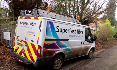 A BT work van installing high speed broadband in a rural village in North Yorkshire England