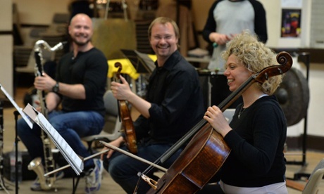 Stuart King, Matthew Jones and Gabriella Swallow rehearse Rolf Hind’s Lost in Thought.