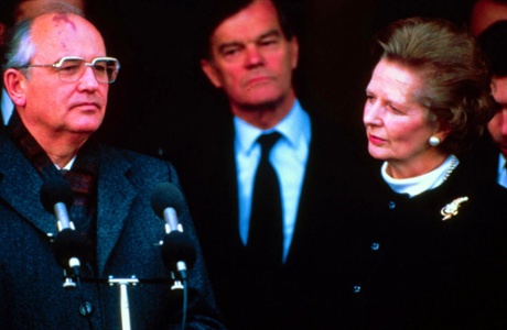 Soviet president Mikhail Gorbachev with Margaret Thatcher in 1989, with defence minister Alan Clark in the background.