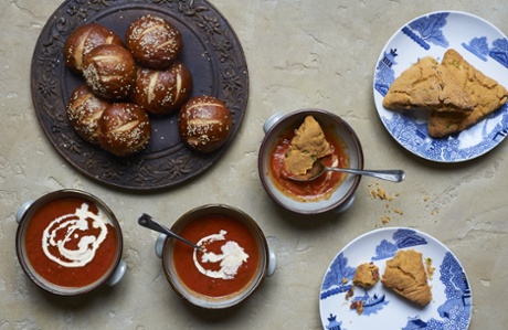 Dunker schön! These chilli cornbread scones (right) and pretzel rolls were made for dunking in a comforting soup...