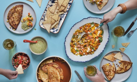 Mexican feast … quesadillas, tomato salsa, tortilla chips, baked squash, corn and goat's cheese.