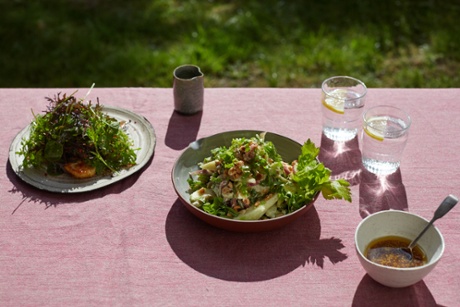 A salad of mustard leaves and halloumi (left) and a celery salad, picked fresh from the plot. 