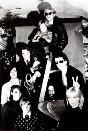 Andy Warhol (top) with The Velvet Underground, Nico's son Ari Delon, Mary Woronov, and Gerard Malanga, 1966.
