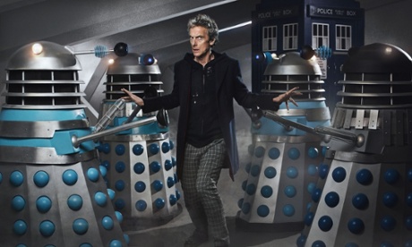 Peter Capaldi surrounded by Daleks.