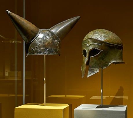 Horned helmet from the River Thames at Waterloo Bridge, 200-50 BC and bronze Greek helmet, south-western Greece, around 460 BC at the British Museum.