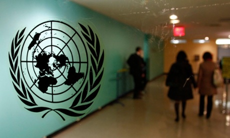 The United Nations logo is displayed on a door at U.N. headquarters in New York