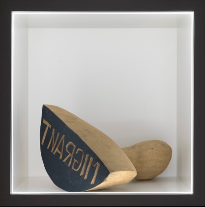 Barthélémy Toguo's wooden stamp artwork Migrant, 2014 