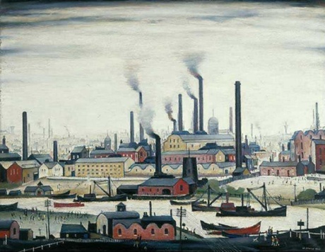 <em>A Riverbank</em> by LS Lowry – Harris remarks on Lowry’s even, grey background of sky, unchanging and dim in all his work.