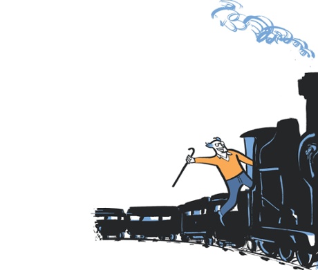 Illustration of man with walking stick on steam train