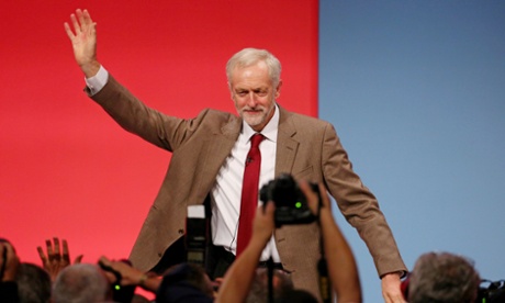 Labour leader Jeremy Corbyn waves to supporters after delivering his keynote speech. 
