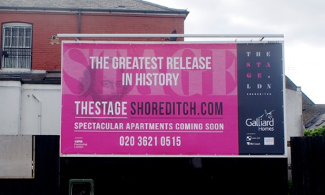 William Shakespeare appears on billboards advertising the Stage tower in Shoreditch.