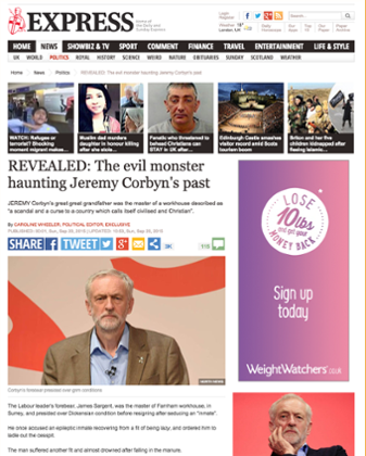 Daily Express story on Jeremy Corbyn's family past