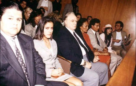 The Brandos in court during Christian's bail application following his murder chrage, left to rightt: son Miko, daughter Rebecca, Marlon Brando, third wife Tarita, son Teihotu and Christian's ex-girlfriend Jocelyn Lew.